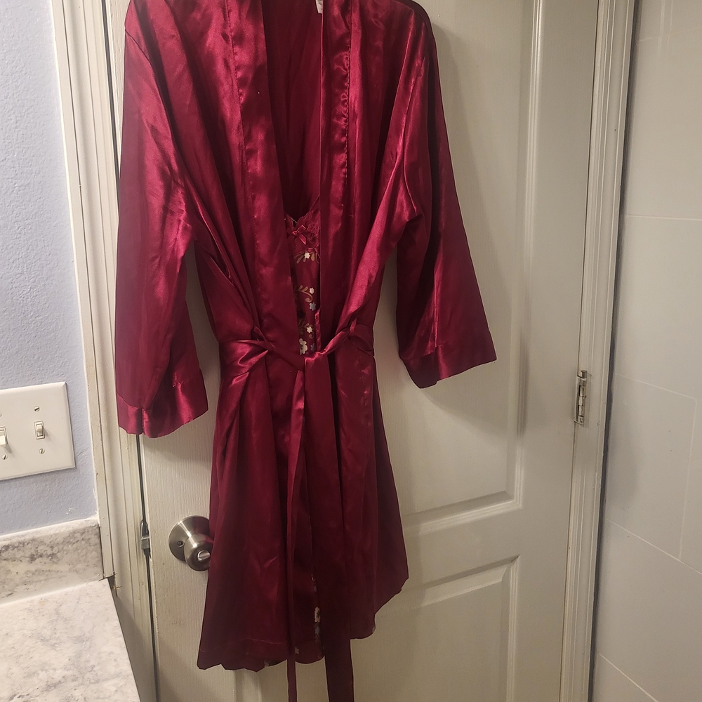 Adonna Deep‎ Red Satin Robe And Night Gown Set